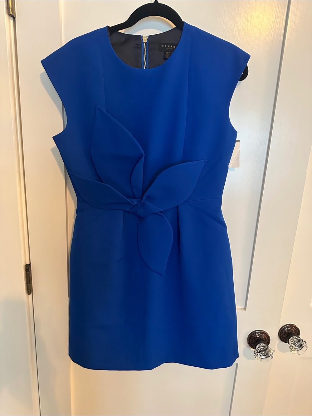 Ted Baker Royal Blue Sleeveless Sheath Dress with Sculpted Floral Knot